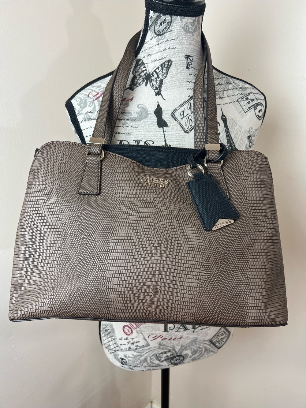 GUESS Reptile Embossed Satchel Tote Bag Brown & Black Gold Hardware NWOT